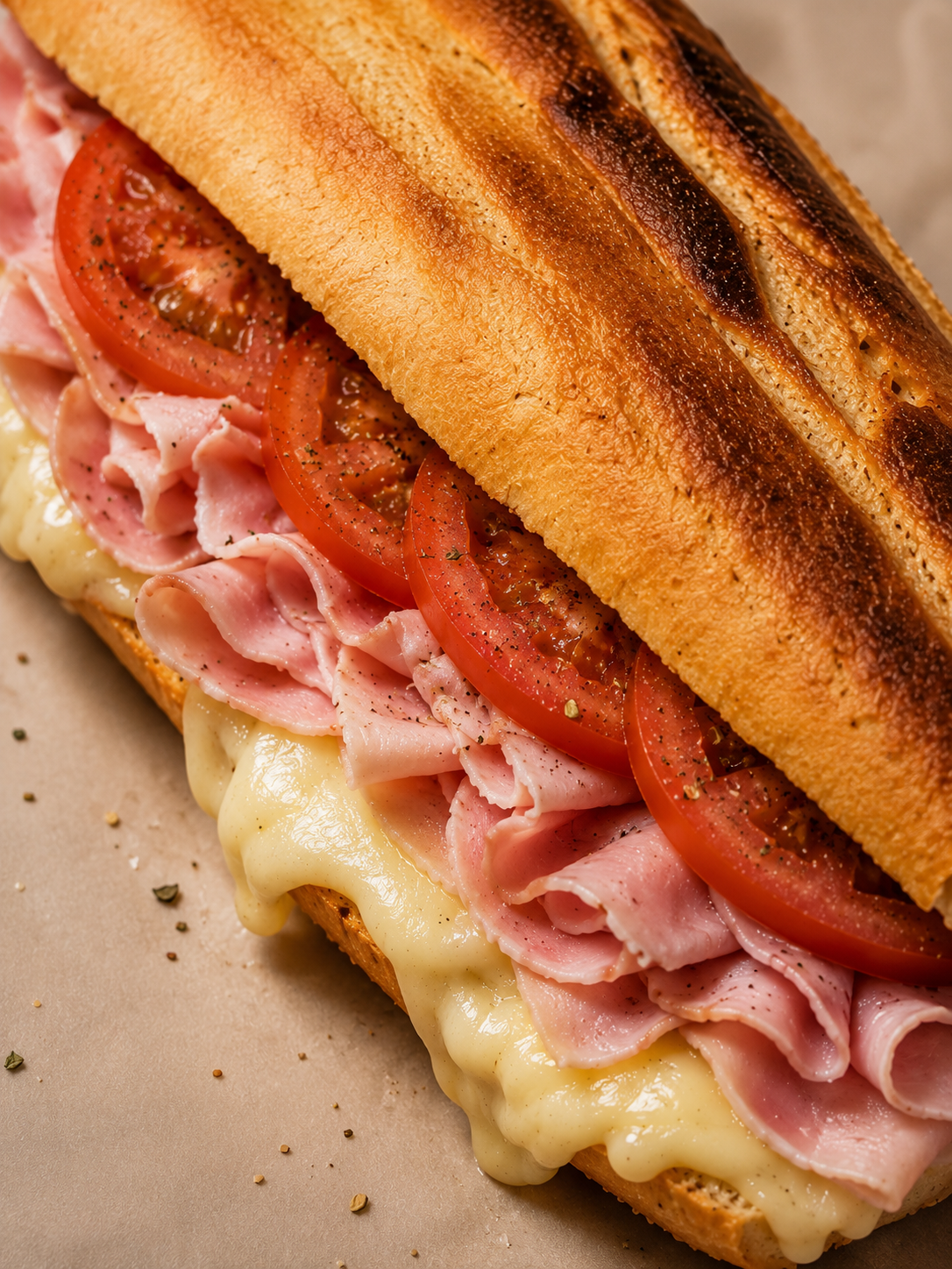 El Clásico Querido: pan francés prensado con abundante jamón, queso y rodajas de tomate fresco.