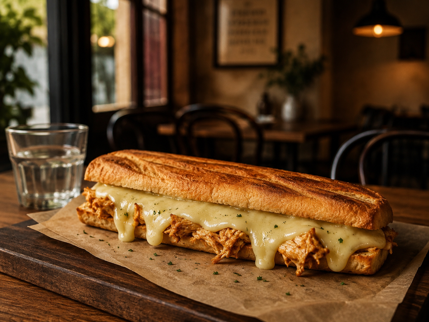 Chicken Gouda: pan francés prensado con pollo guisado de la abuela, aceitunas, alcaparras, tomates especiados y gouda cremoso.