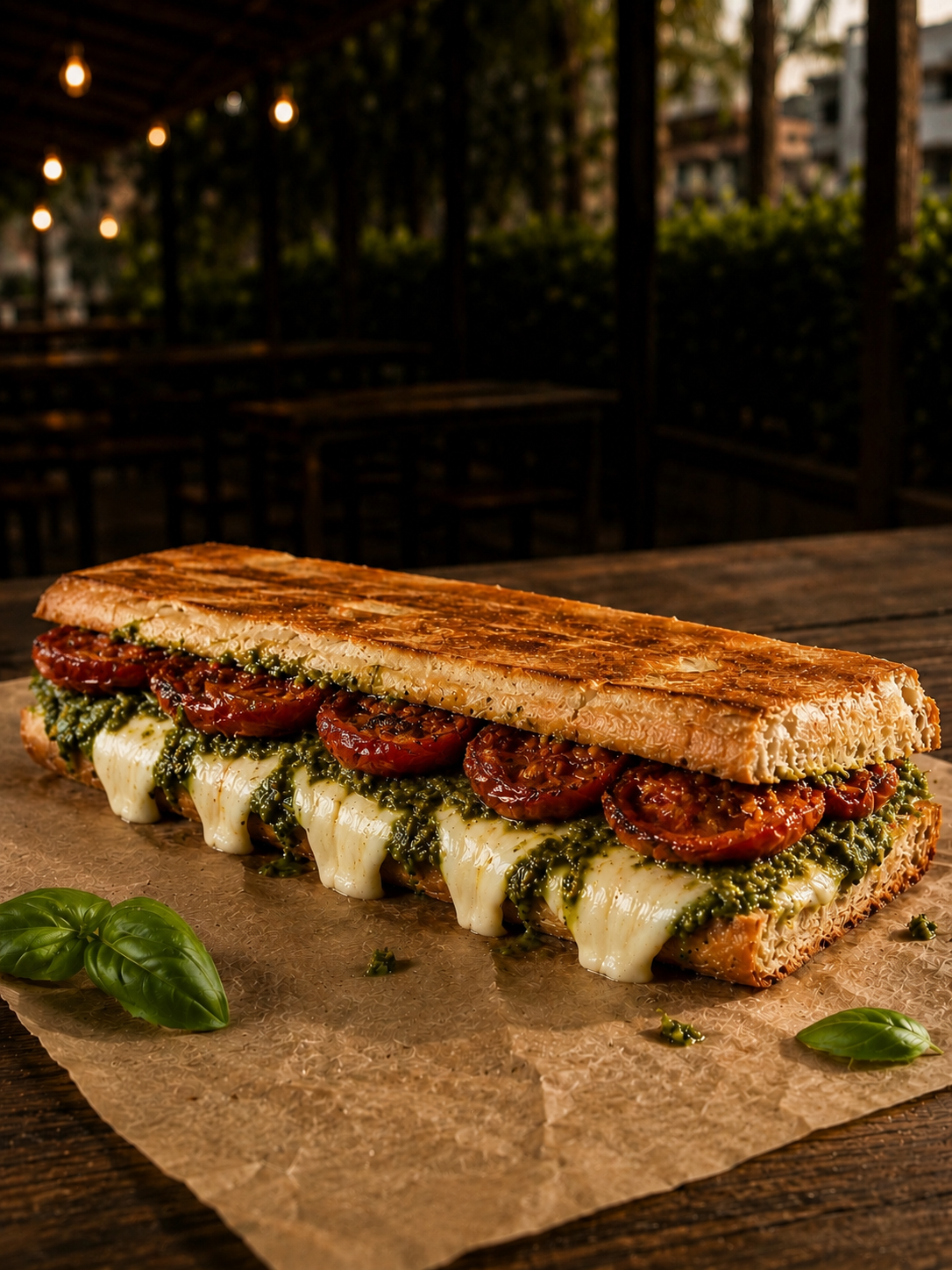 Pesto Gouda vegetariano: pan francés prensado con pesto de albahaca y pistacho, tomates rostizados y gouda cremoso.