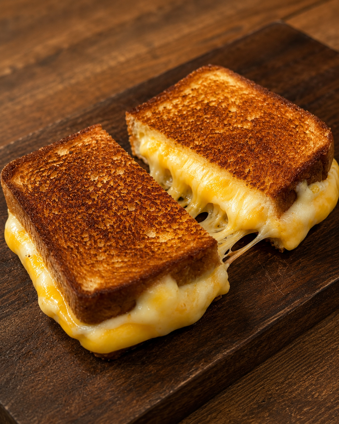 Grilled Cheese en pan brioche, cortado en dos mitades rectangulares con queso fundido en el centro.